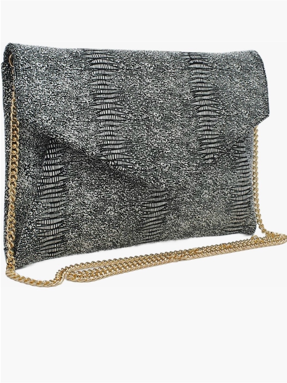 Stylish Textured Black & White Leather Envelope Clutch with DetachableGold Chain